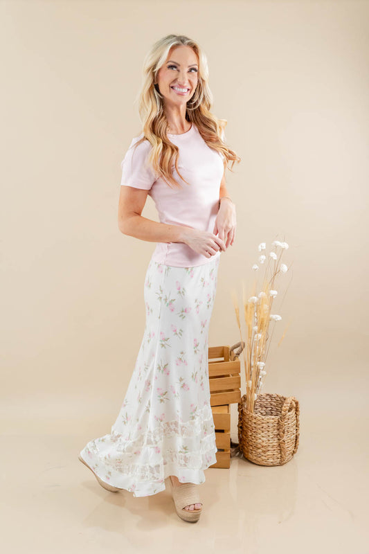 Soft & Sweet Satin Pink Floral and Lace Maxi Skirt