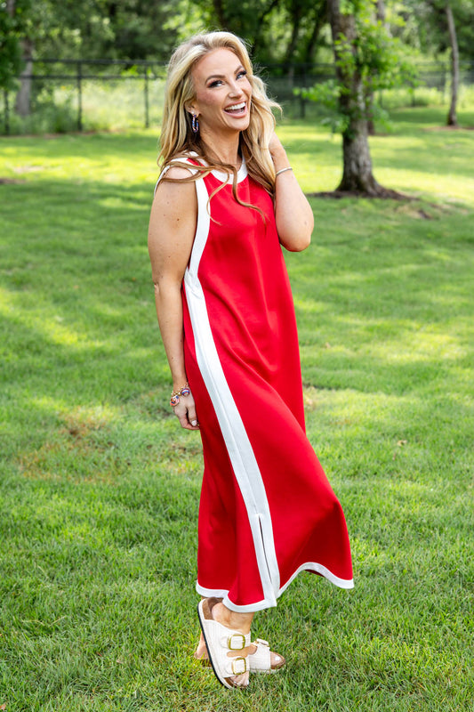 Freedom Flame Contrast Trim Red Sleeveless Midi Dress