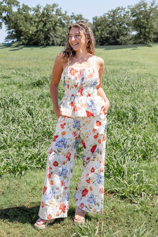 Floral Edge Wide Leg Floral Eyelet Cotton Pants