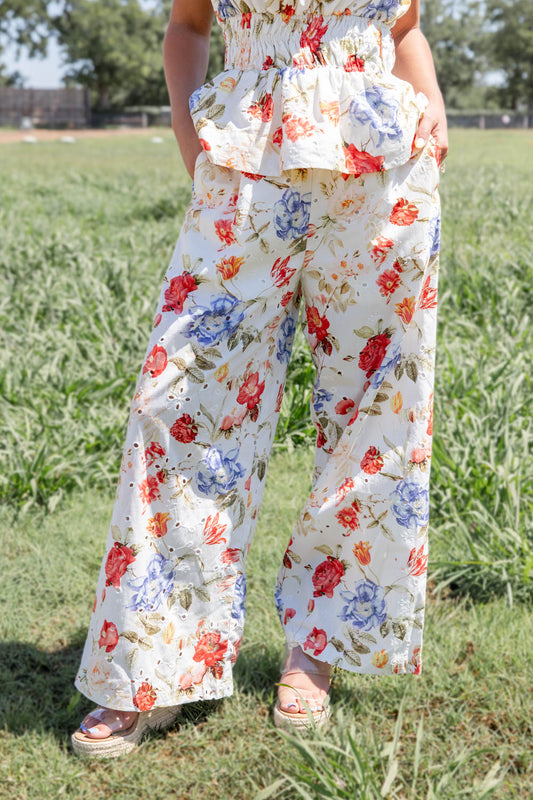 Floral Edge Wide Leg Floral Eyelet Cotton Pants