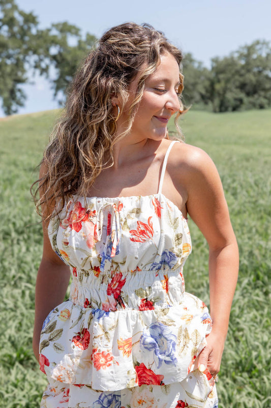 Floral Edge Sleeveless Floral Eyelet Cotton Peplum Top