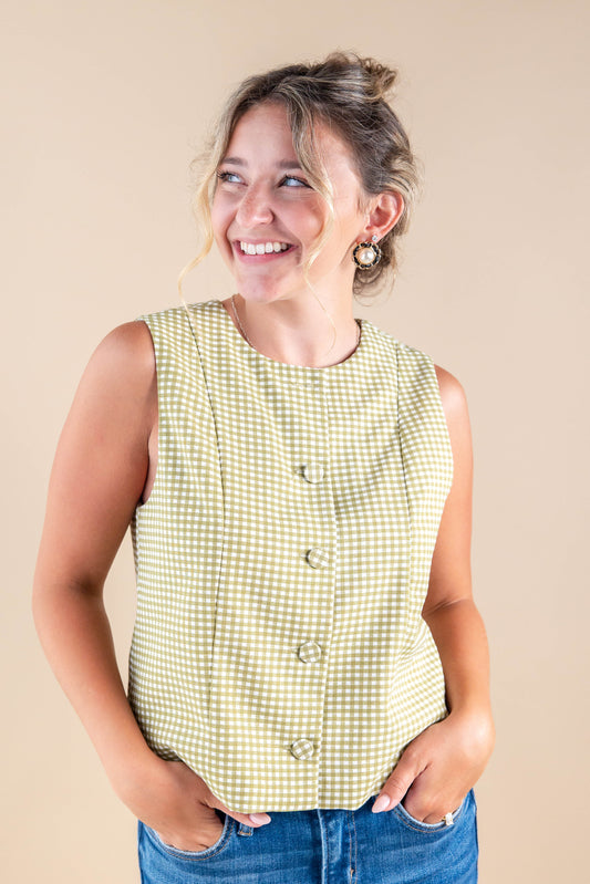 Tailored Charm Gingham Button Down Tank Top