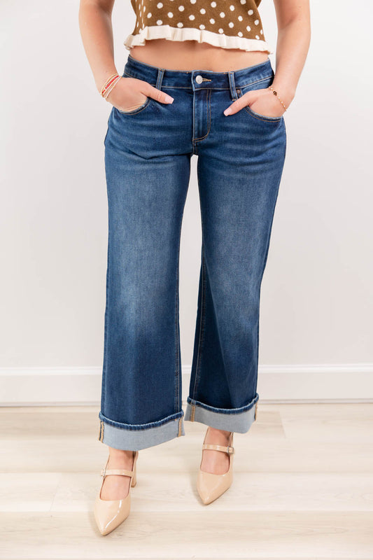 Good To Go Low Rise Baggy Wide Leg Cuffed Jeans
