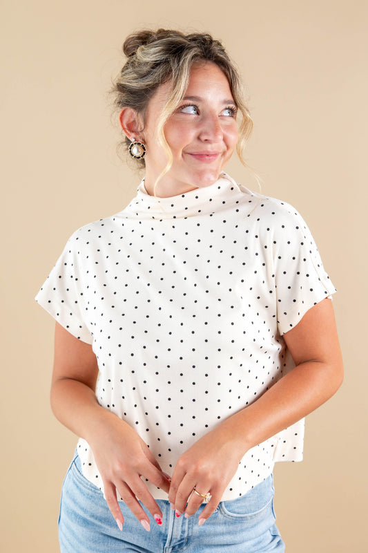 Soft Spots Polka Dots Short Sleeve Mock Neck Top