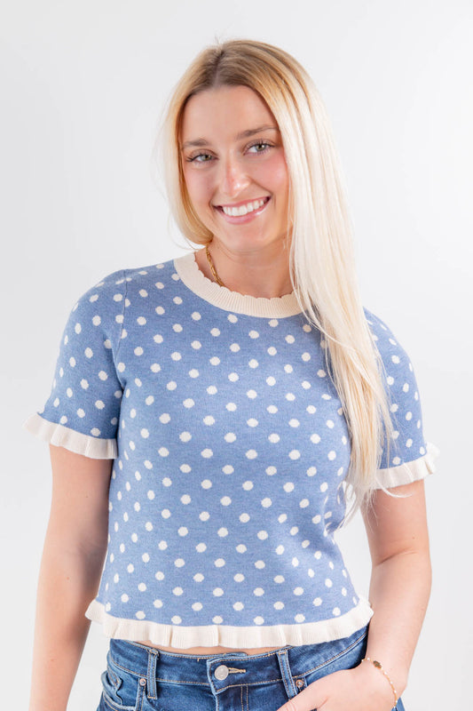 Ruffle Kiss Polka Dot Ruffled Short Sleeve Sweater