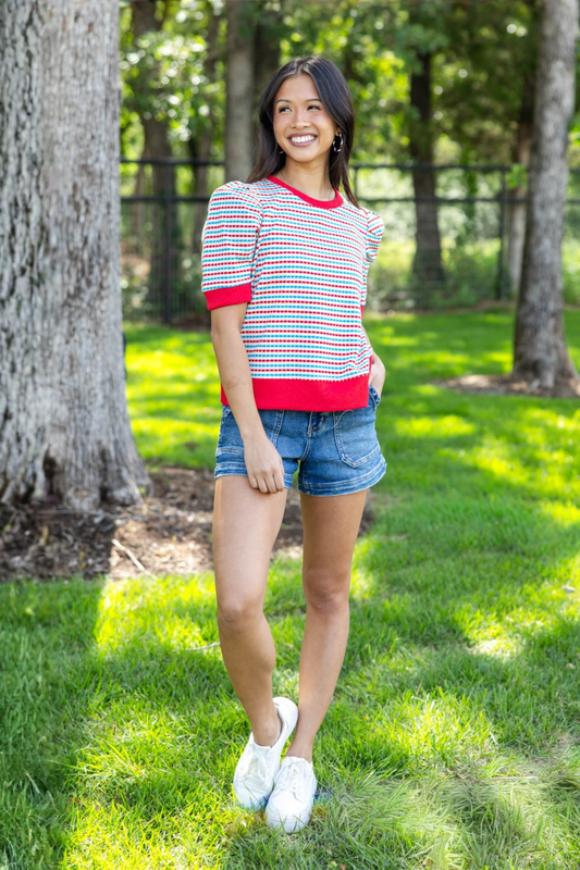 Chic Streak Red & Blue Striped Contrast Trim Puff Sleeve Top