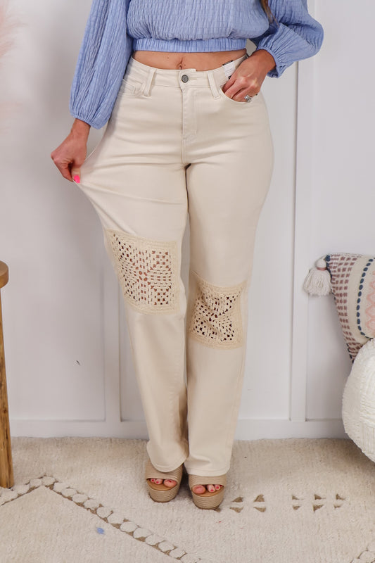 Countryside Crochet Patch Cream Colored Wide Leg Judy Blue Jeans