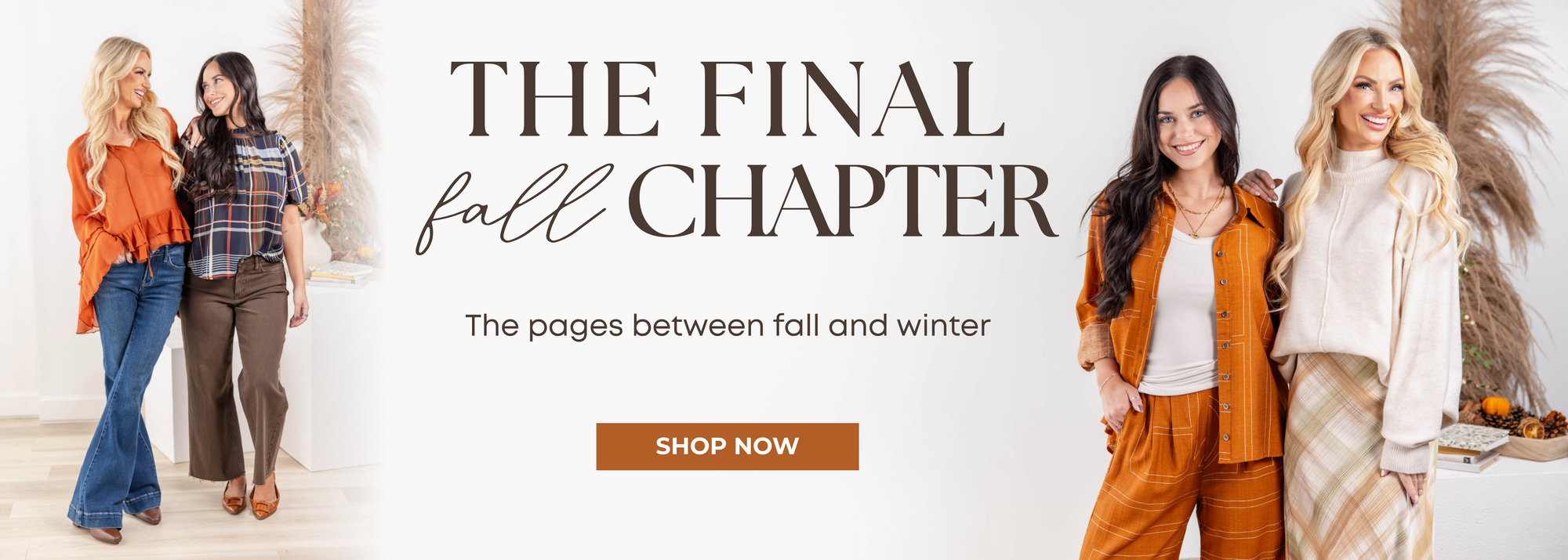 Women's fall fashion from Charming & Main's Final Fall Chapter collection, featuring cozy sweaters, trendy tops, stylish jeans, skirts, boots, and versatile fall outfits.