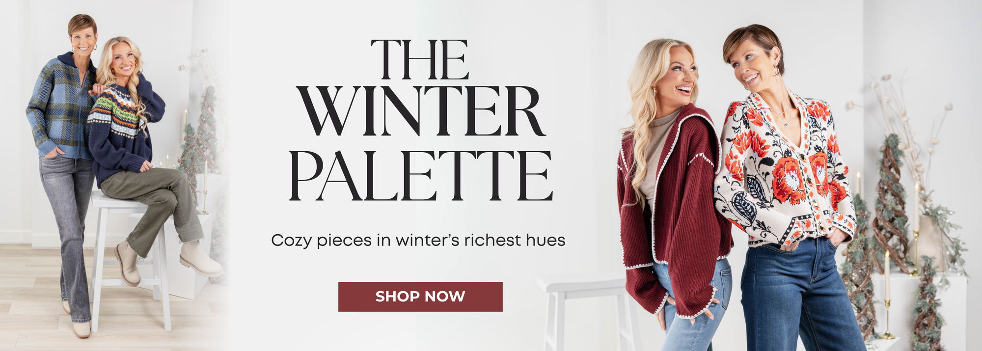 Women's winter fashion collection featuring cozy burgundy cardigans, floral sweaters, and stylish denim jeans in rich seasonal colors at Charming & Main.