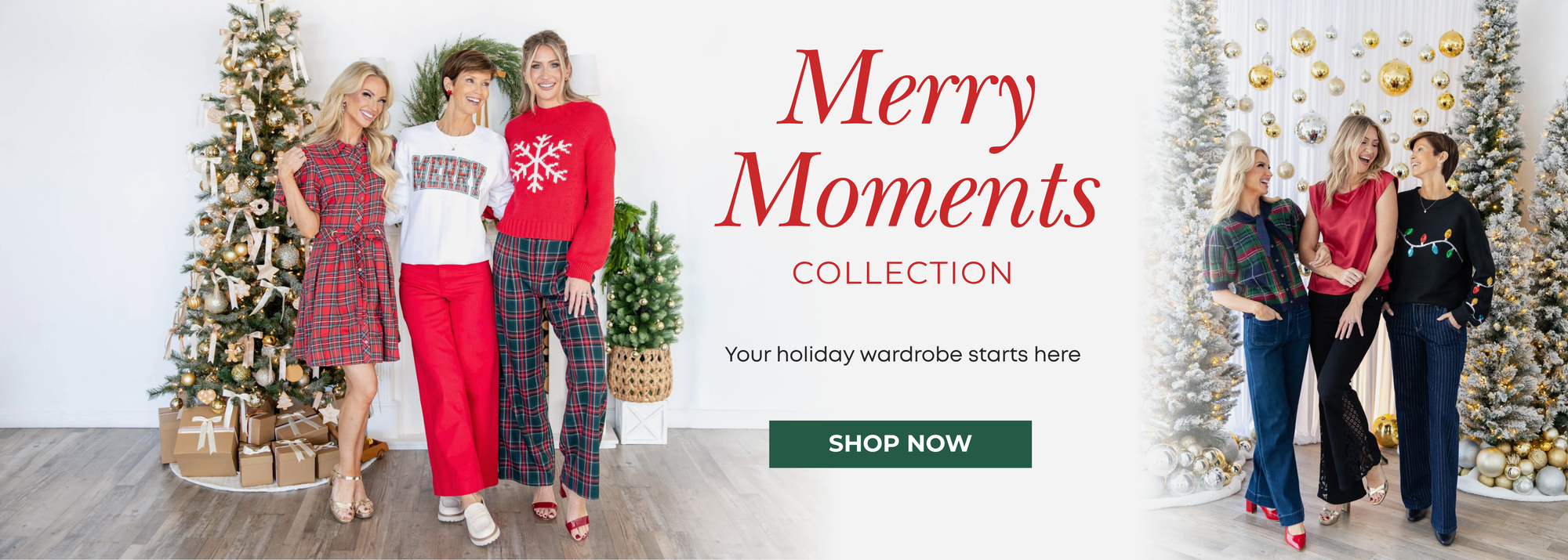Charming & Main Merry Moments Christmas Collection featuring women's holiday outfits, tartan plaid dresses and pants, festive graphic sweatshirts, and snowflake sweaters.