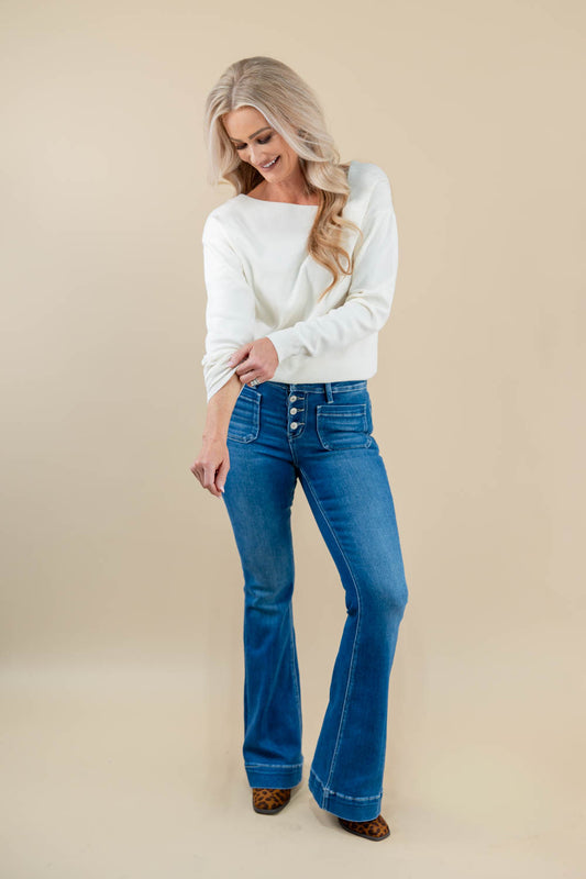 Dream Catcher Mid Rise Trouser Hem Flare Jeans