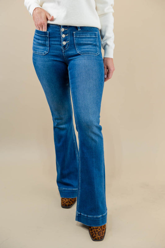 Dream Catcher Mid Rise Trouser Hem Flare Jeans