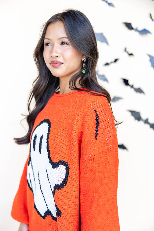 Boo Crew Orange Knit Ghost Graphic Sweater