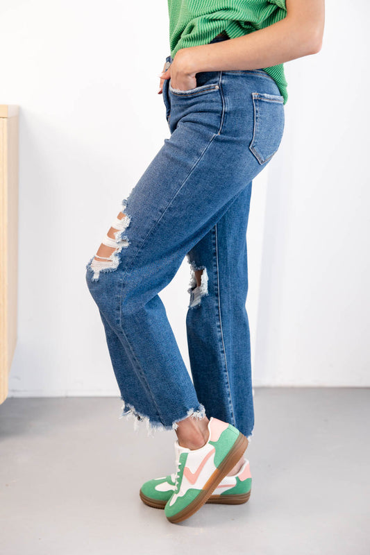 Bad Reputation Distressed Crop Flare Jeans (Dark Wash)