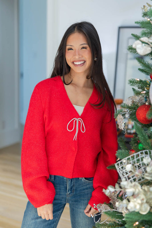 Bow Behavior Rhinestone Sweater Cardigan