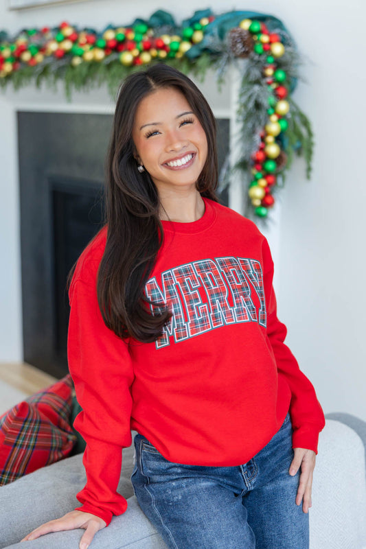 Plaid Merry Graphic Crewneck Sweatshirt