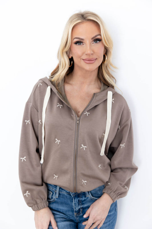 Bow & Behold Embroidered Zip Up Hoodie