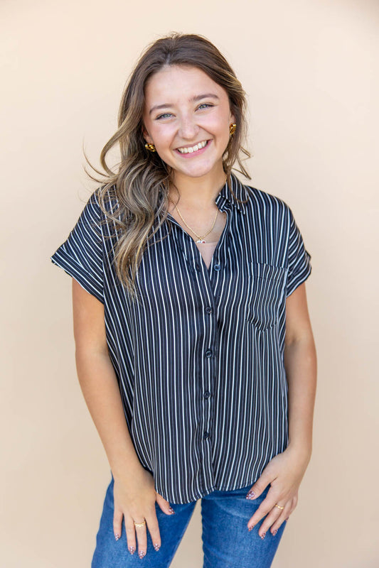 On The Line Short Sleeve Button Down Top