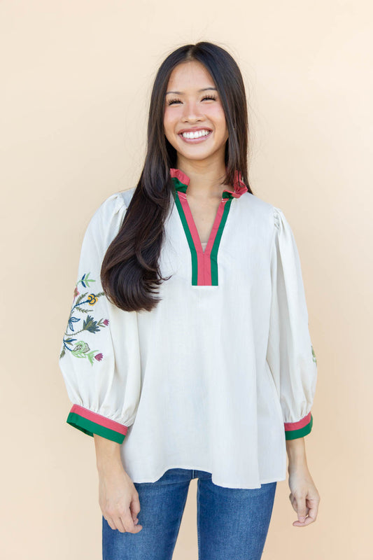 Sweetest Stripe Embroidered Puff Sleeve Top