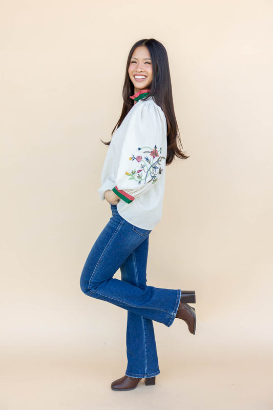 Sweetest Stripe Embroidered Puff Sleeve Top