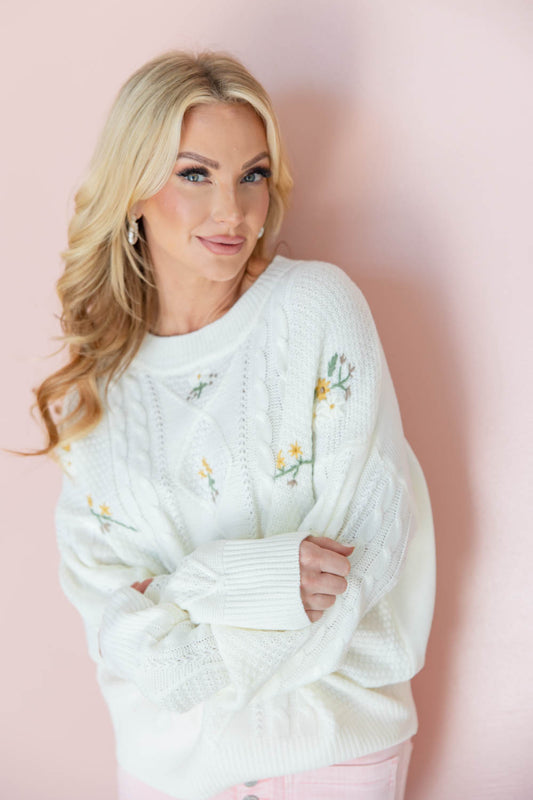 Flower Patch Embroidered Knit Sweater