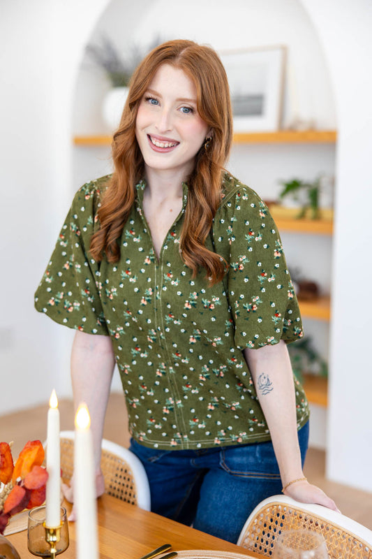 Flower Fit Puff Sleeve Corduroy Blouse