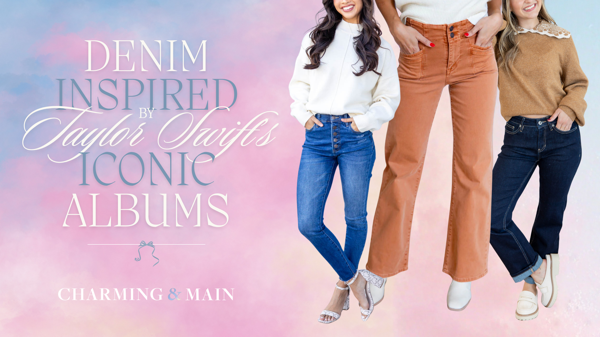 Denim Inspired By Taylor Swift's Albums blog post cover image, models wearing denim with Lover inspired background