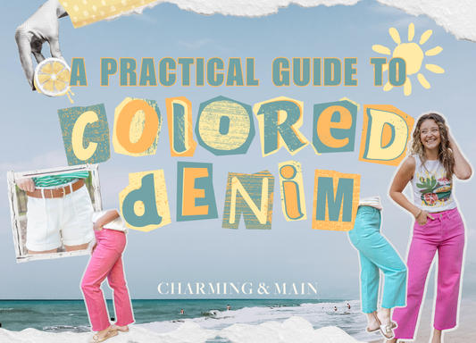'A Practical Guide to Colored Denim' blog post cover with different colored denim styles