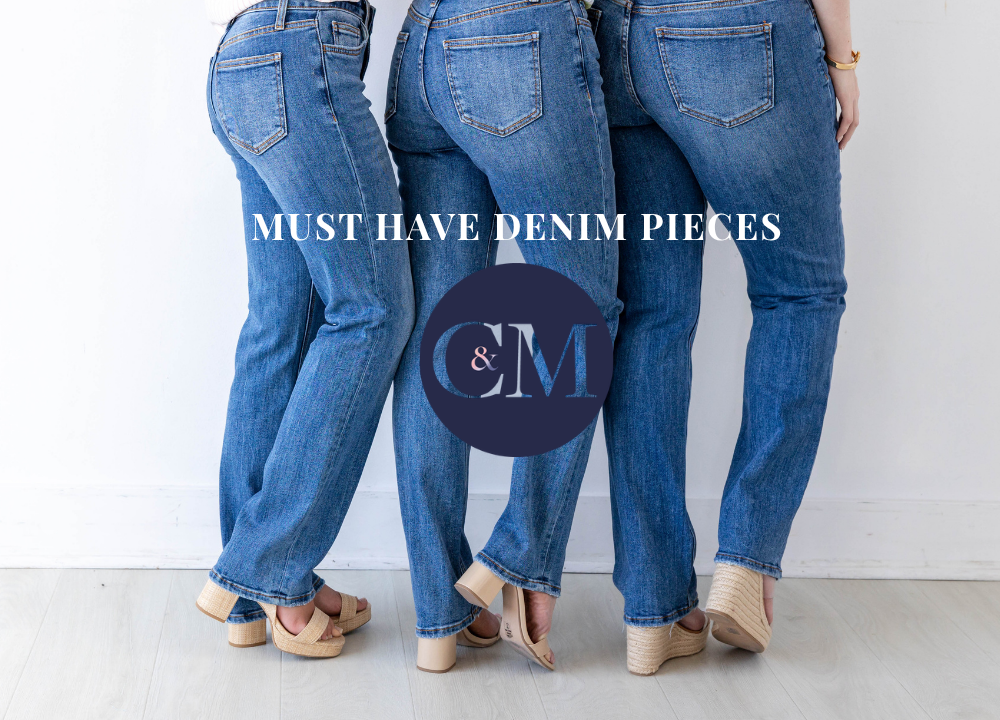 Three women modeling blue denim jeans with the text "Must Have Denim Pieces" and the Charming & Main logo.