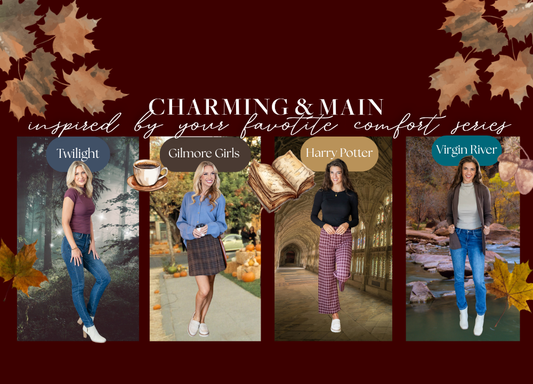 Autumn collage featuring a woman modeling outfits inspired by Twilight, Gilmore Girls, Harry Potter, and Virgin River.