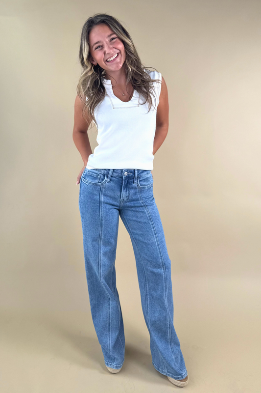 Clean Slate Vertical Seam Detail Wide Leg Jeans