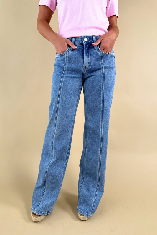 Clean Slate Vertical Seam Detail Wide Leg Jeans