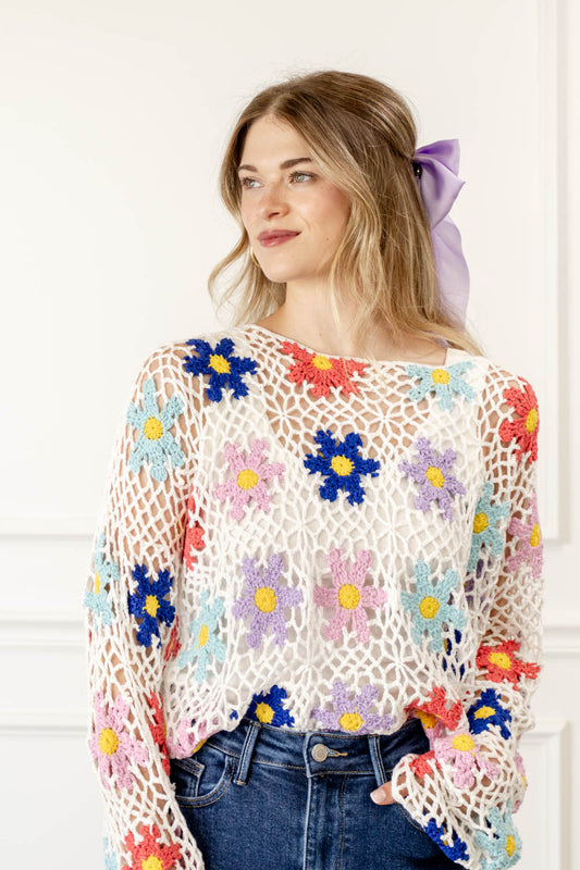 Hello Spring Retro Floral Crochet Sweater