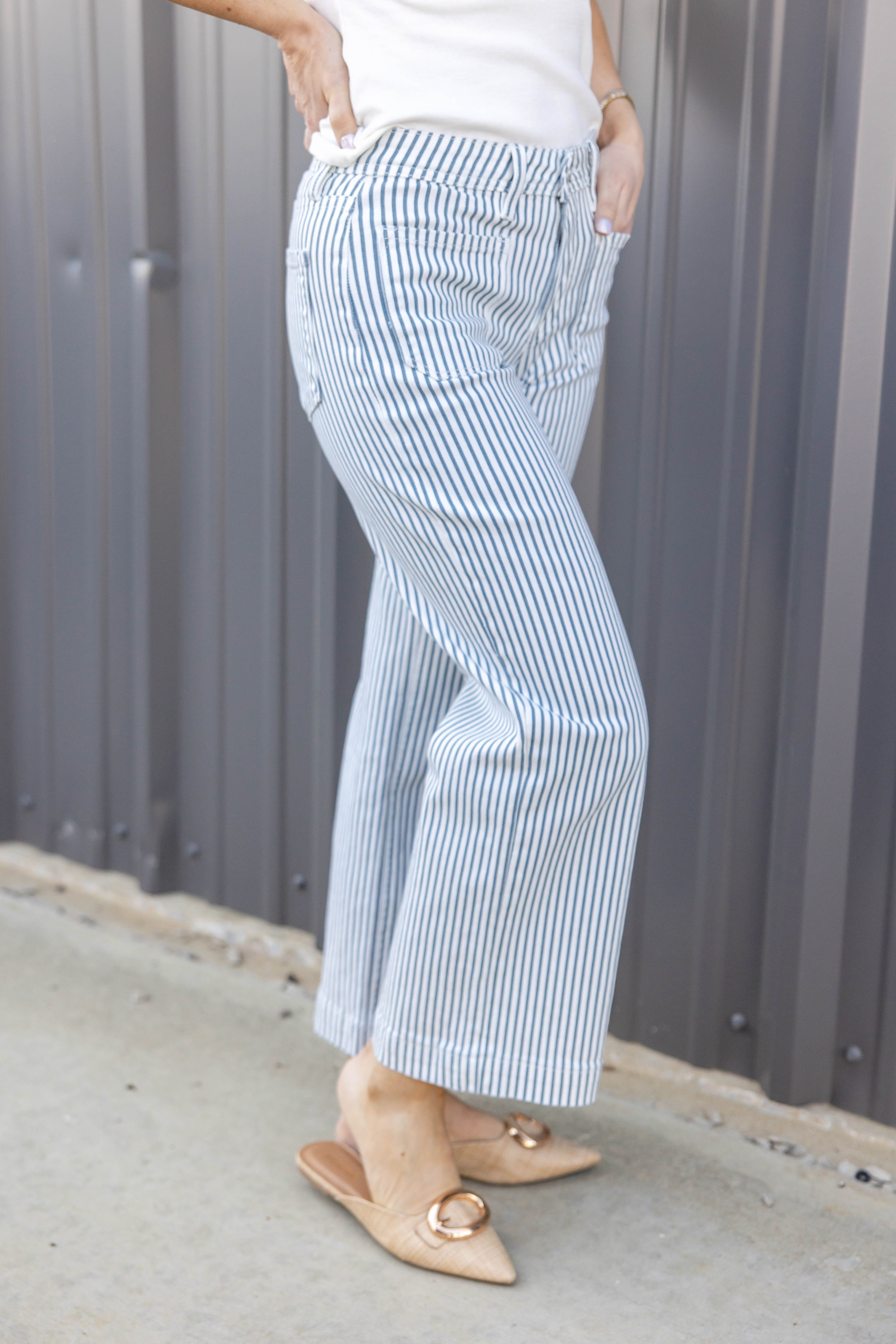 Draw the Line Striped Wide Leg Crop Jeans – Charming & Main display picture 1