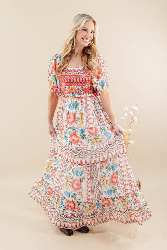Flirt Alert Puff Sleeve Multi Floral Maxi Dress