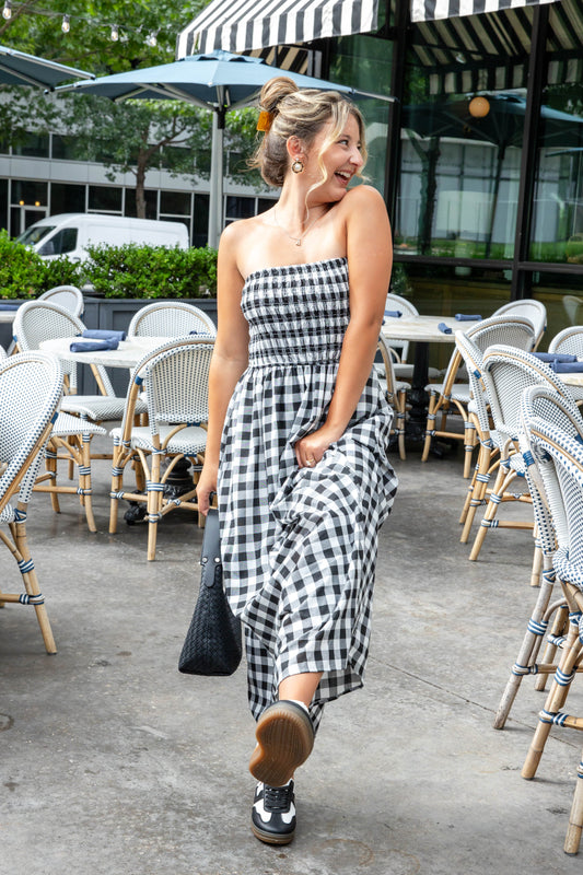 Checkmate Babe Black & White Gingham Strapless Midi Dress