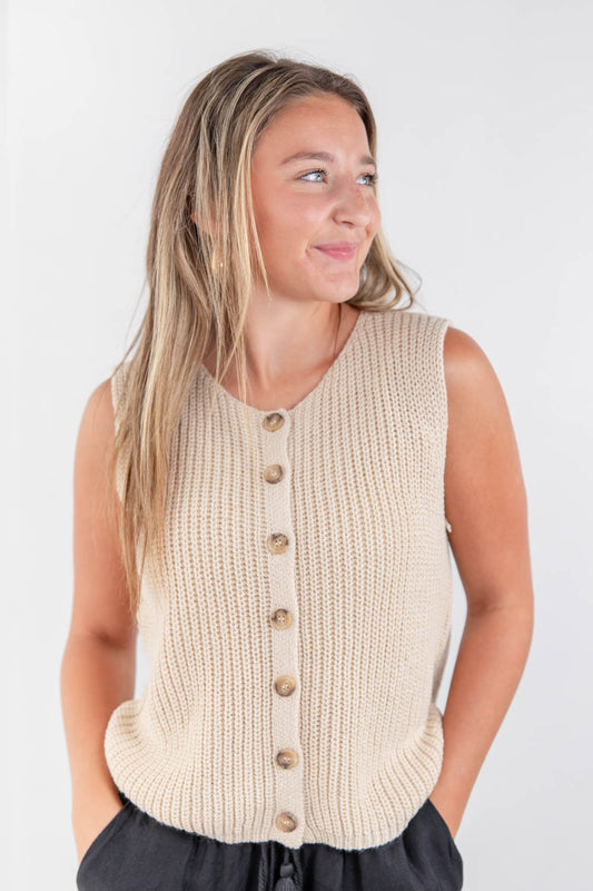 Essential Flow Sleeveless Button Front Sweater