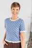 A woman wearing a light blue short-sleeve knit top with white polka dots and cream ruffle trim at the collar, cuffs, and hem, paired with brown pants.