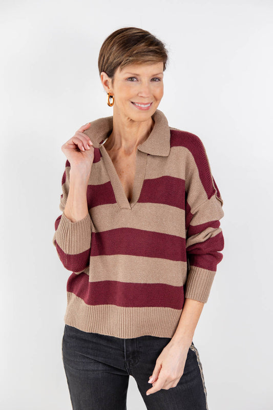 Good Mood Striped V-Neck Rugby Sweater
