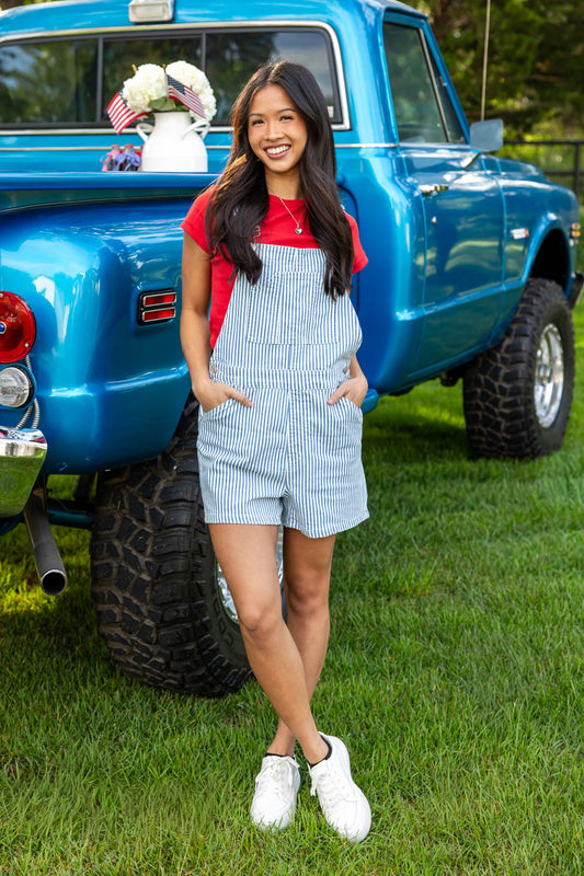 Overall Obsessed Light Wash Striped Short Overalls