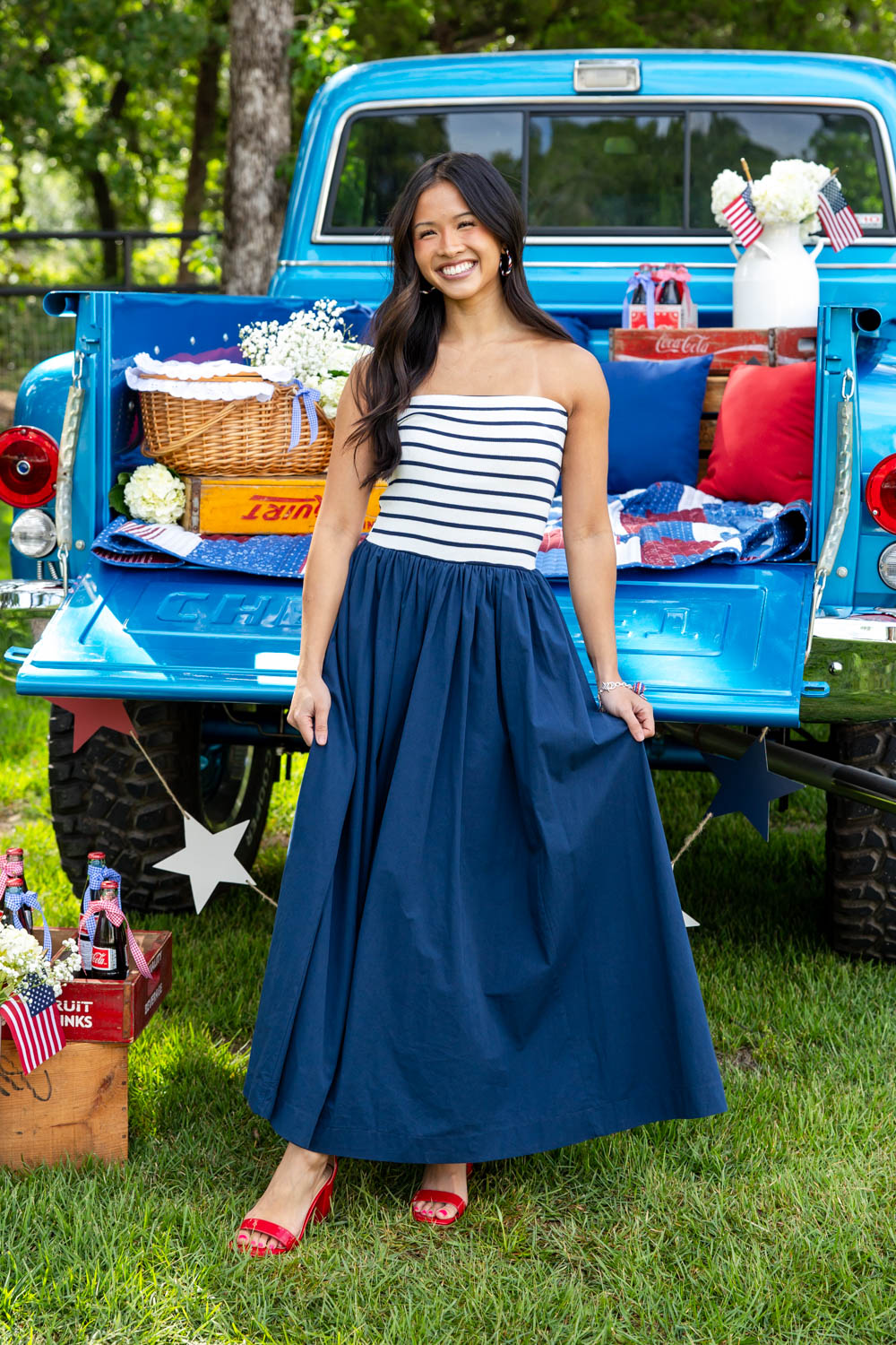 blue and white striped strapless maxi dress Striped Strapless Casual Maxi Dress Blue / M by Blue Zone Planet