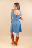 Flare Affair Square Neck Cotton Blend Denim Dress