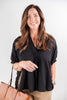Textured Glam Oversized Cotton Blend V-Neck Blouse