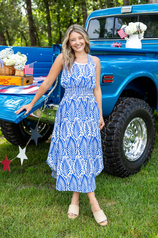 Breezy Belle Smocked Botanical Print Midi Dress