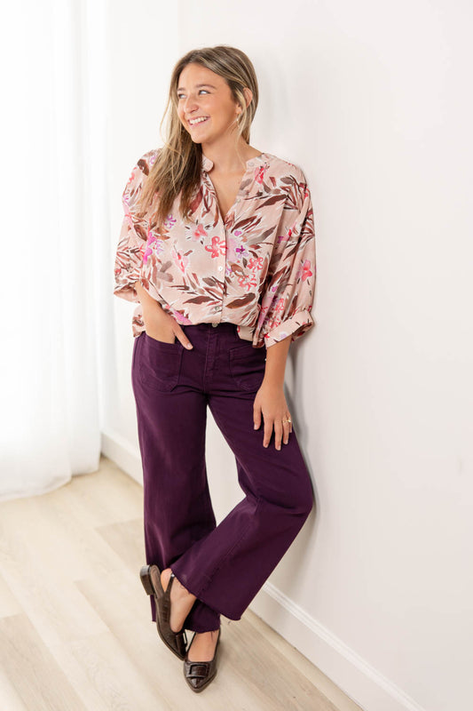 Grape Expectations Wide Leg Plum Patch Pocket Jeans