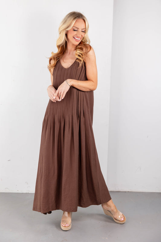Modern Muse Brown Pintuck Pleated Maxi Dress