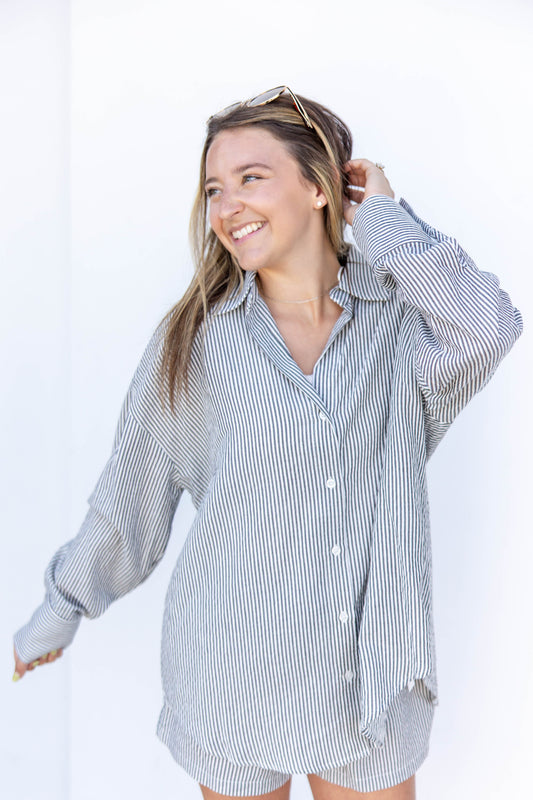 Dream Darling Seersucker Striped Button Down Top