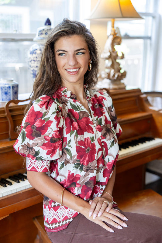Rustic Romance Large Floral Short Puff Sleeve Blouse