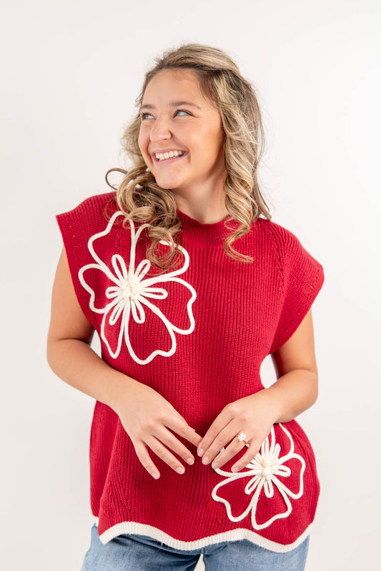 Floral Flair Embroidered Knit Scalloped Hem Sweater