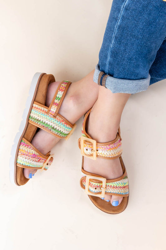 Feather Steps Big Buckle Raffia Sandals